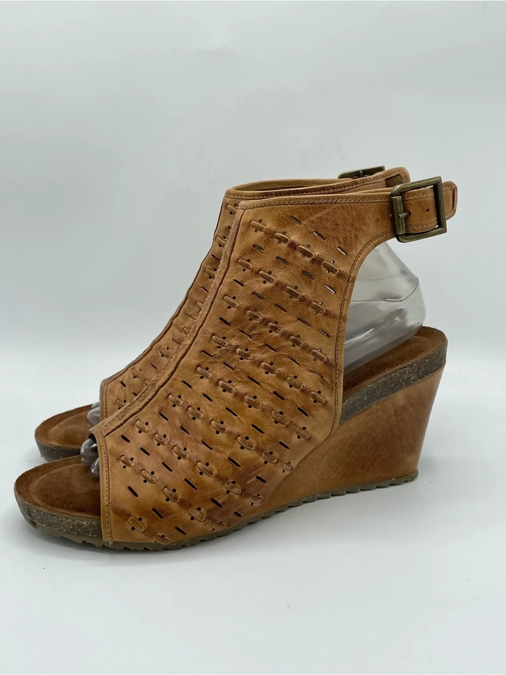 Diba True Need Be Tan Distressed Boho Perforated Leather Wedge Sandals.